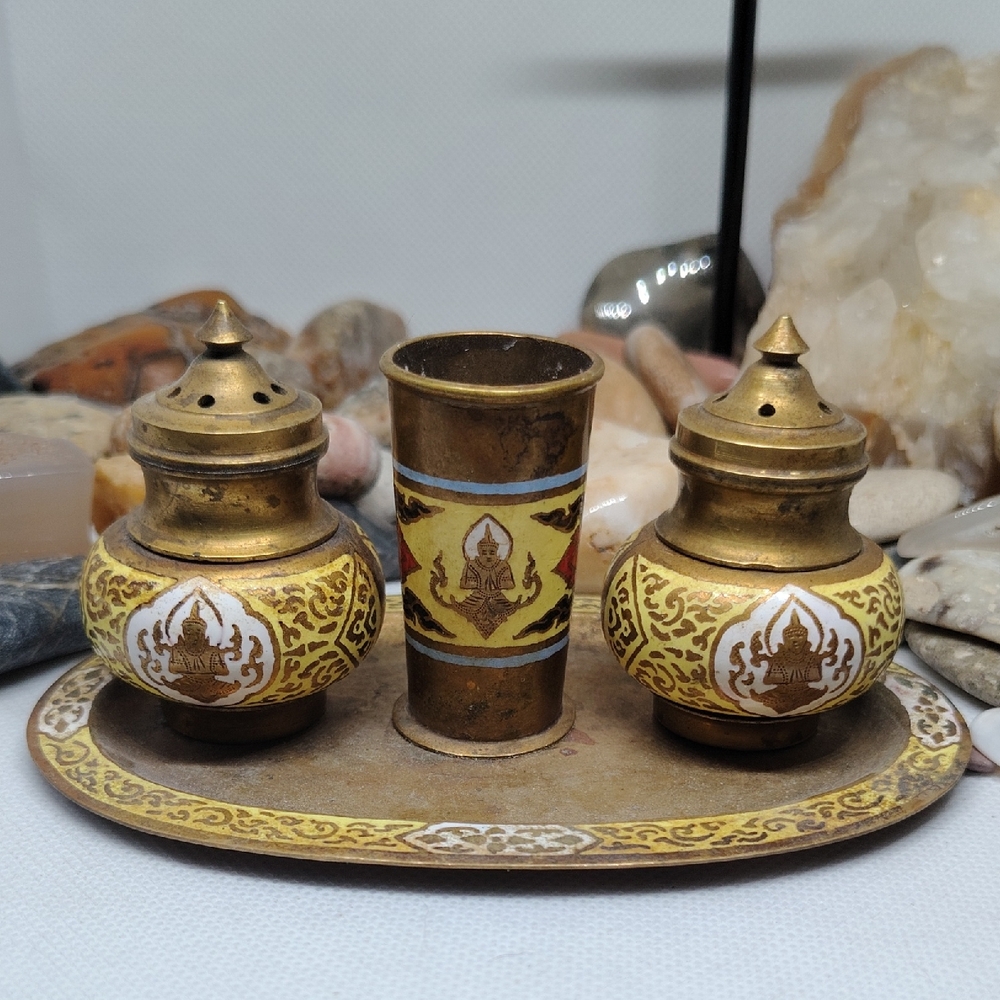Vintage Thai Salt And Pepper Shakers Set With Tray And Toothpick Holder.